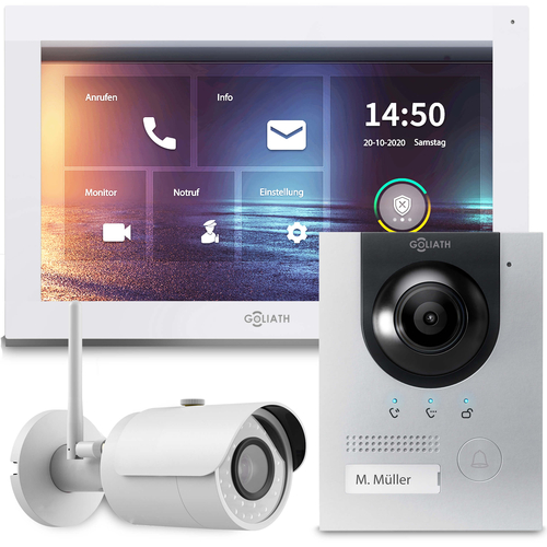 GOLIATH Hybrid IP Video Türsprechanlage mit App | Silber | 1-Familie | 10 Zoll | Unterputz | 180°