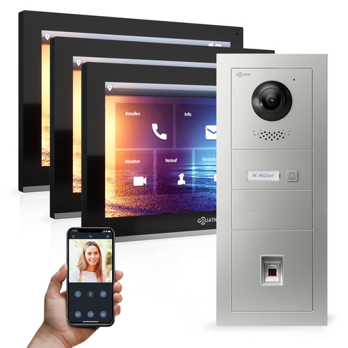 GOLIATH Hybrid IP Videotürsprechanlage | App | 1-Familie | 3x 10 Zoll HD | Fingerprint | 180° Winkel
