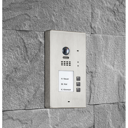 BALTER EVIDA Silver RFID Edelstahl-Türstation für 3 Teilnehmer, 2-Draht BUS Technologie (Video / Audio / Strom), 170° Ultra-Weitwinkelkamera, Aufputz