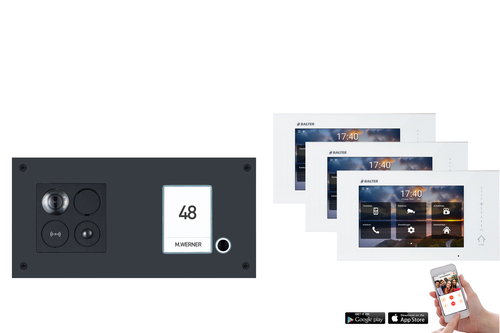 1-Fam. Video Türsprechanlage BALTER ERA IP BUS Komplettsystem mit RFID Türstation für 1 Teilnehmer, 3x7 WIFI Touchscreen Monitor und Hauptstromverteiler mit App für iOS & Android in waagerechter Form 
