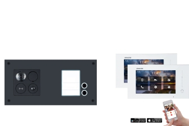 2-Fam. Video Türsprechanlage BALTER ERA IP BUS Komplettsystem mit RFID Türstation für 2 Teilnehmer, 2x7 WIFI Touchscreen Monitor und Hauptstromverteiler mit App für iOS & Android in waagerechter Form