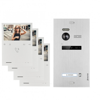 Video Türsprechanlage BALTER EVO QUICK-1FAM4 mit 4x 4,3 Zoll Monitor 2-Draht BUS Türstation mit 150° Weitwinkel-Kamera für 1 Familienhaus